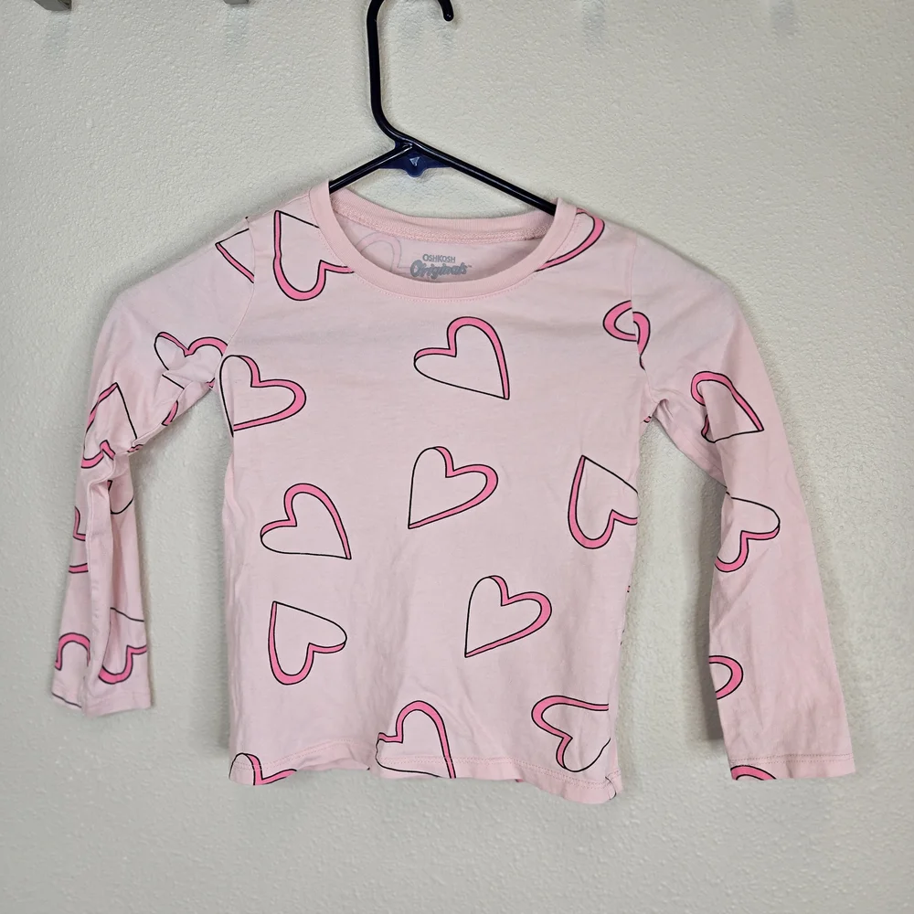 100% Cotton OshKosh B'gosh Pink Heart Kids Shirt Long Sleeve Tee 5T